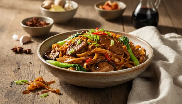 Authentic Cantonese beef chow fun with wide rice noodles, tender beef, and scallions on a plate.
