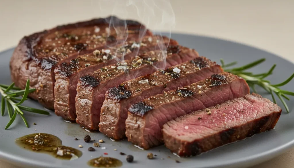 Close-up detail of sliced tender grilled beef chuck steak showing juicy texture and seared crust.