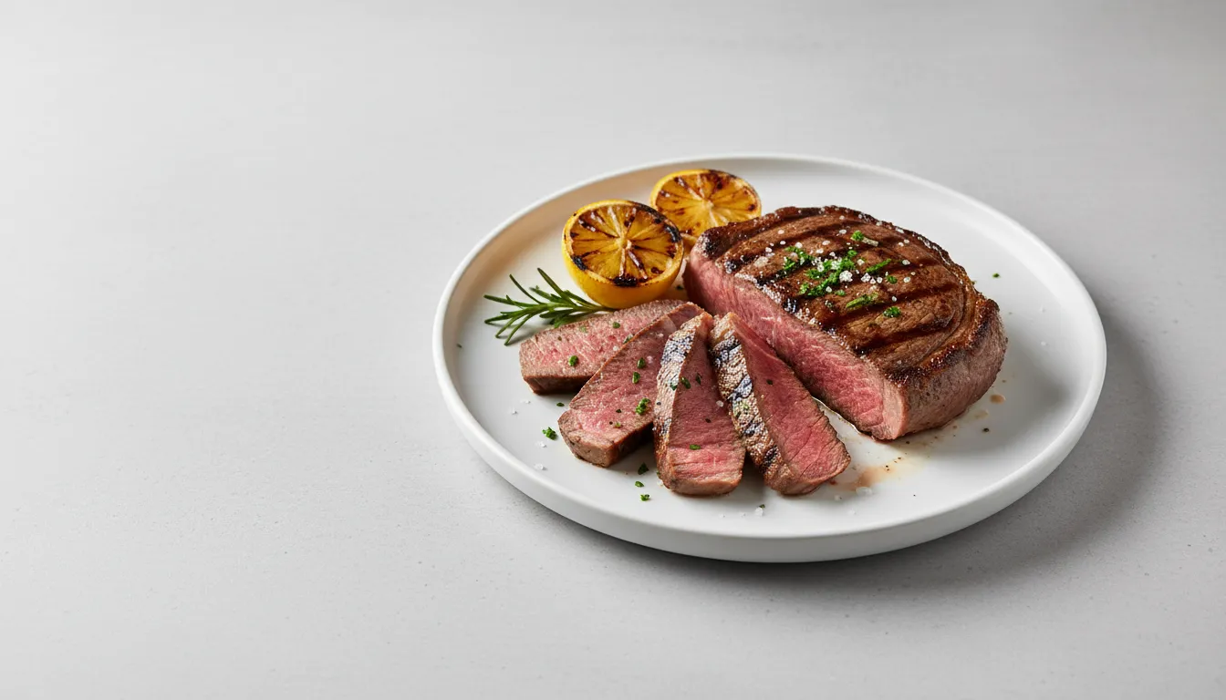 Perfectly grilled beef chuck steak garnished with fresh rosemary on a wooden serving board.