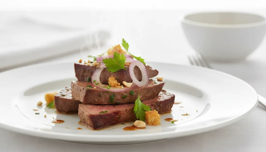 Close-up of sliced beef liver strips being seared in a pan with garlic and herbs to neutralize the strong flavor.