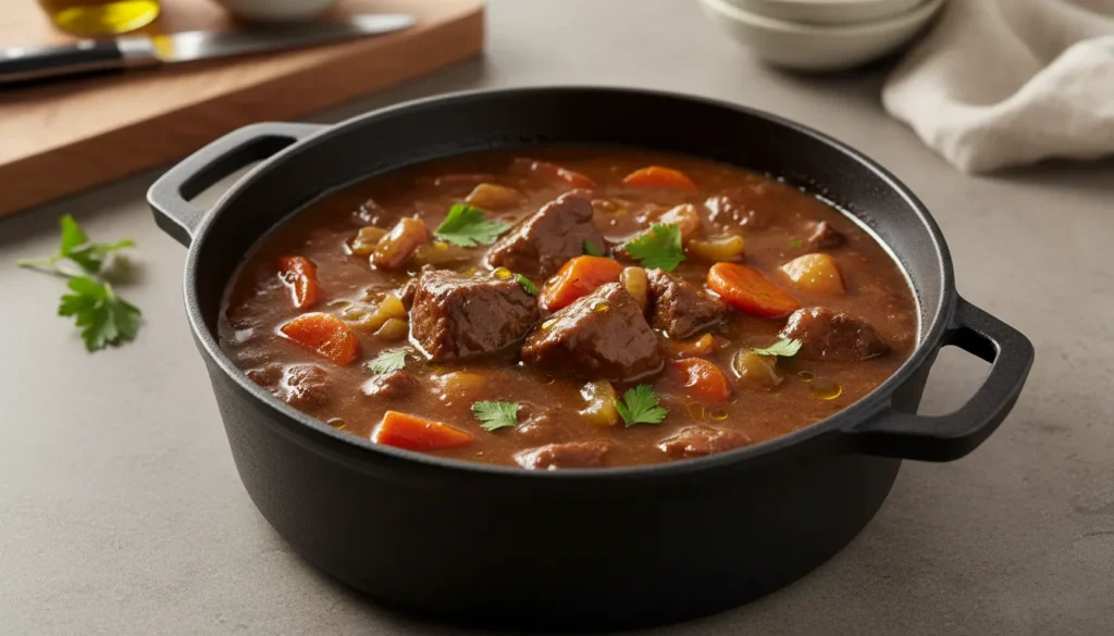 Hearty beef stew crock pot recipe served in a ceramic bowl with fresh herbs and carrots on a rustic table.