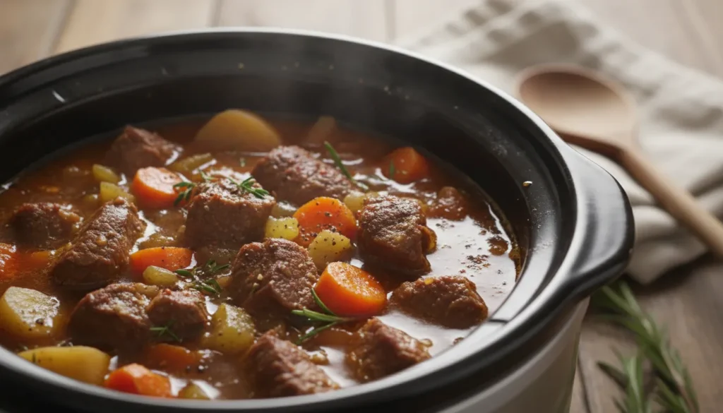 Detailed close-up of slow-cooked beef chunks, carrots, and savory gravy in a homemade beef stew crock pot recipe.