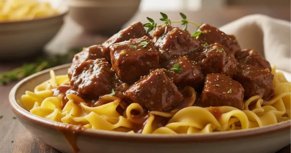 Busy day ahead? This beef tips and noodles recipe works perfectly in a slow cooker for a meal that is ready when you are. Discover the easy prep.