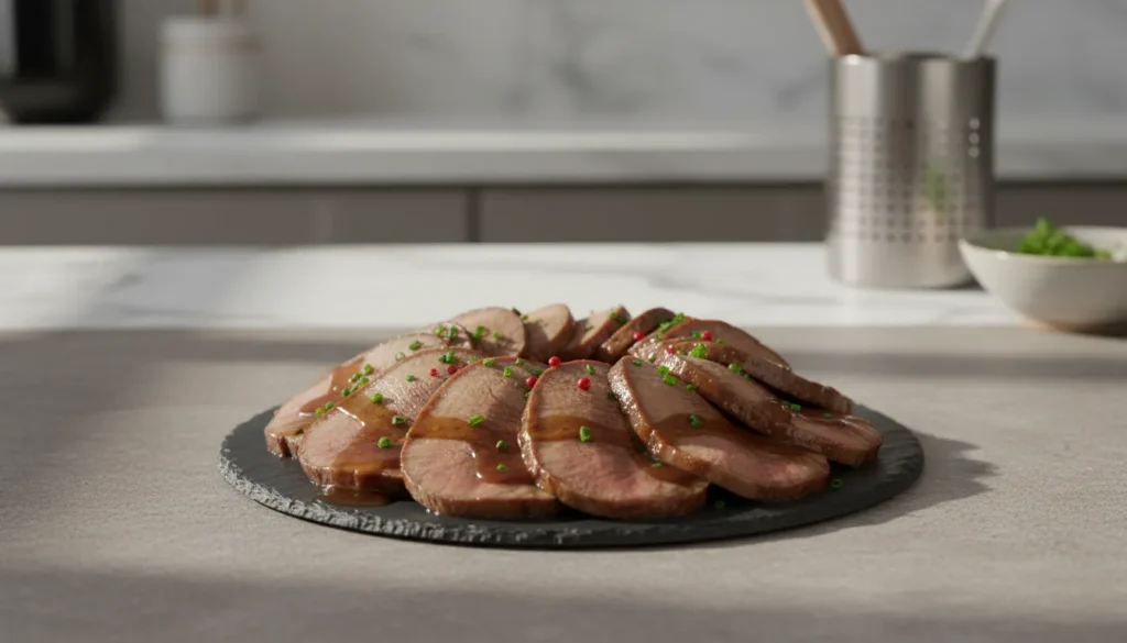 Sliced tender beef tongue on a platter with herbs, showcasing a perfectly peeled and cooked beef tongue recipe.