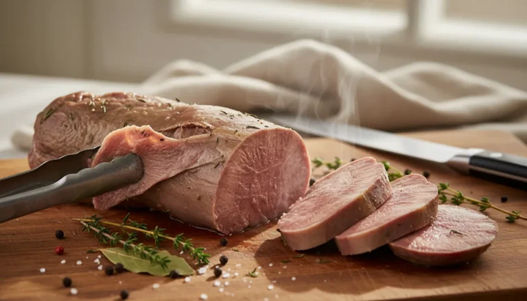 Close-up of peeling the skin off a boiled beef tongue, demonstrating how to properly tenderize and prep the meat.