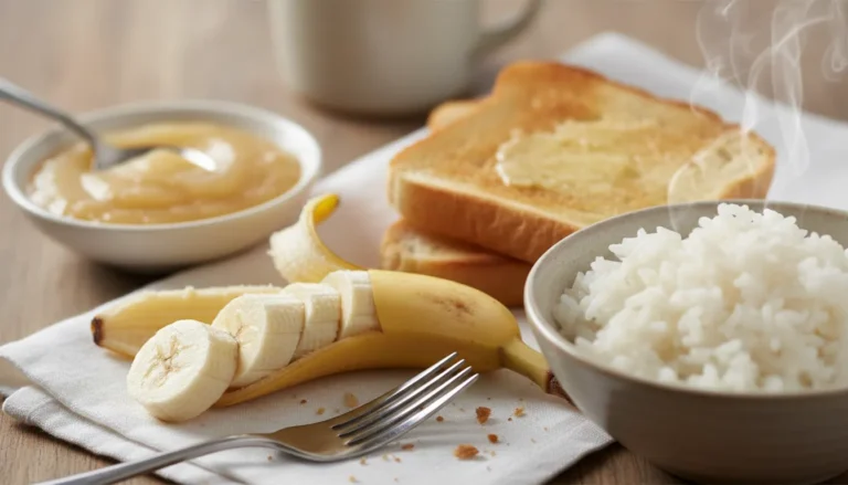 Close-up detail of sliced bananas and plain white rice, essential foods for following the BRAT diet while sick.