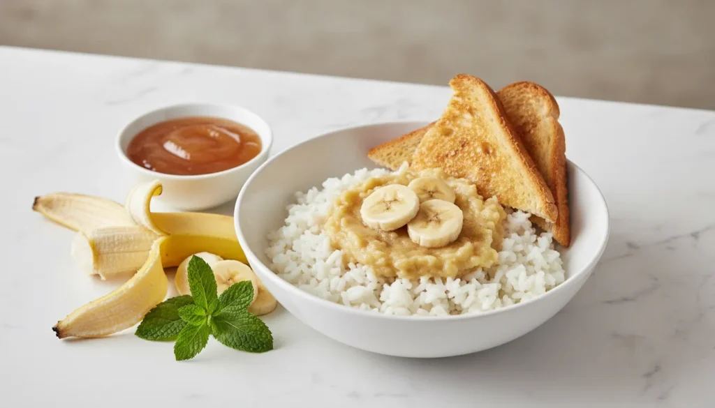 A flat lay of BRAT diet essentials including bananas, white rice, applesauce, and toast for a sick day meal.