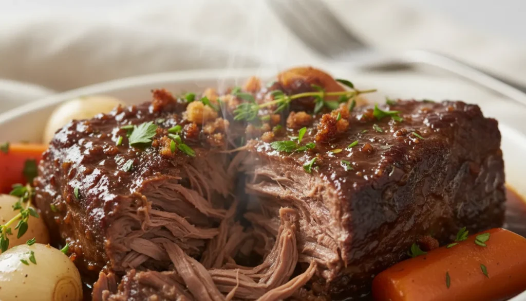 Close-up of a fork pulling apart tender, slow-cooked boneless beef short ribs in a rich savory gravy.