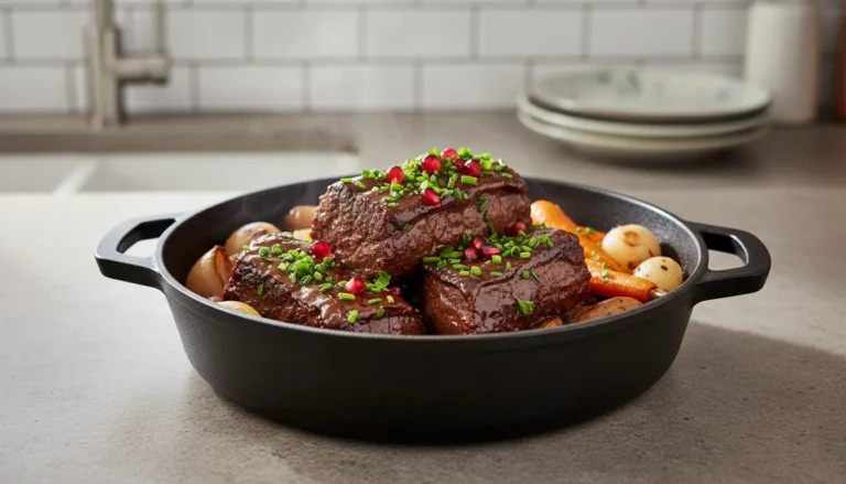 Platter of tender braised boneless beef short ribs served with red wine reduction and fresh herbs.