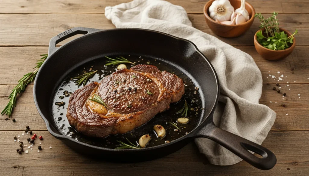 Juicy ribeye steak searing in a hot cast iron skillet to build a thick, golden brown crust for a perfect steak dinner.
