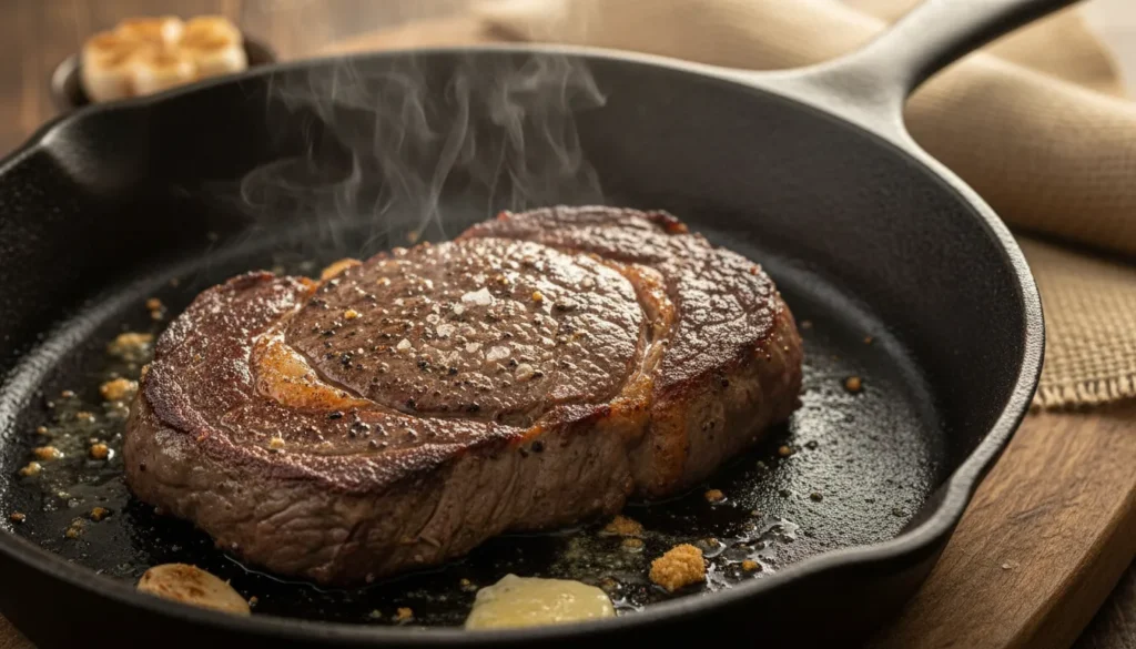 Close-up of a crispy seared crust forming on a steak in a seasoned cast iron skillet to lock in juices and flavor.