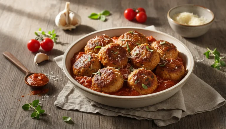 A platter of golden brown baked Italian chicken meatballs garnished with fresh parsley and parmesan cheese.