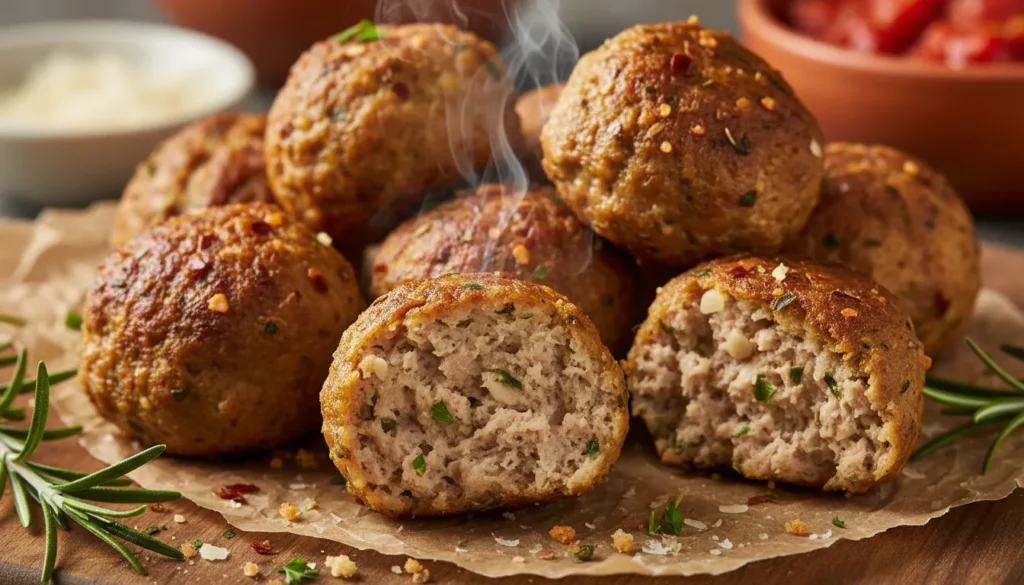 Close-up detail of a juicy baked chicken meatball showing the tender interior texture and savory seasonings.