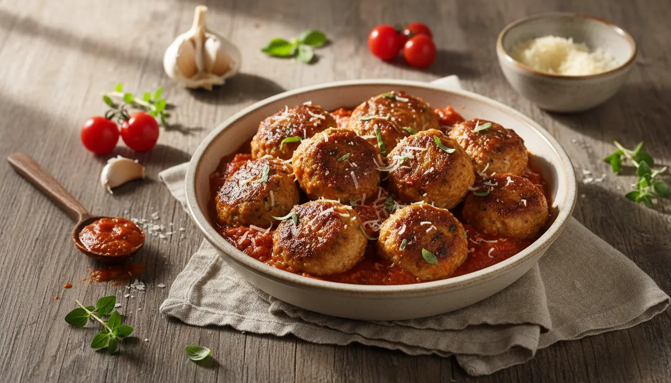 A platter of golden brown baked Italian chicken meatballs garnished with fresh parsley and parmesan cheese.