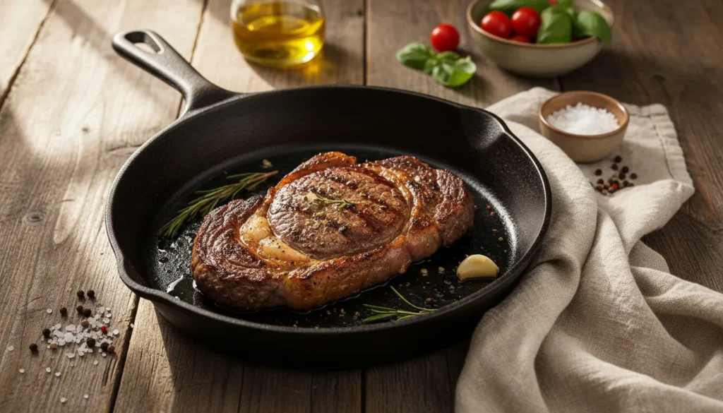 Perfectly seared ribeye steak cooking in a seasoned cast iron skillet with fresh herbs and butter.