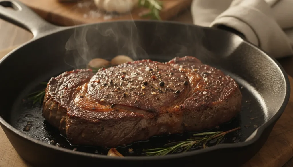 Detailed macro shot of the caramelized golden-brown crust on a steak seared in a cast iron skillet.
