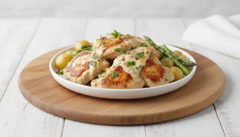 Golden brown chicken breasts in a creamy garlic sauce garnished with fresh parsley in a cast iron skillet.