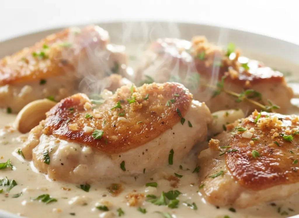 Close-up detail of a tender chicken breast slice smothered in rich white garlic cream sauce and herbs.