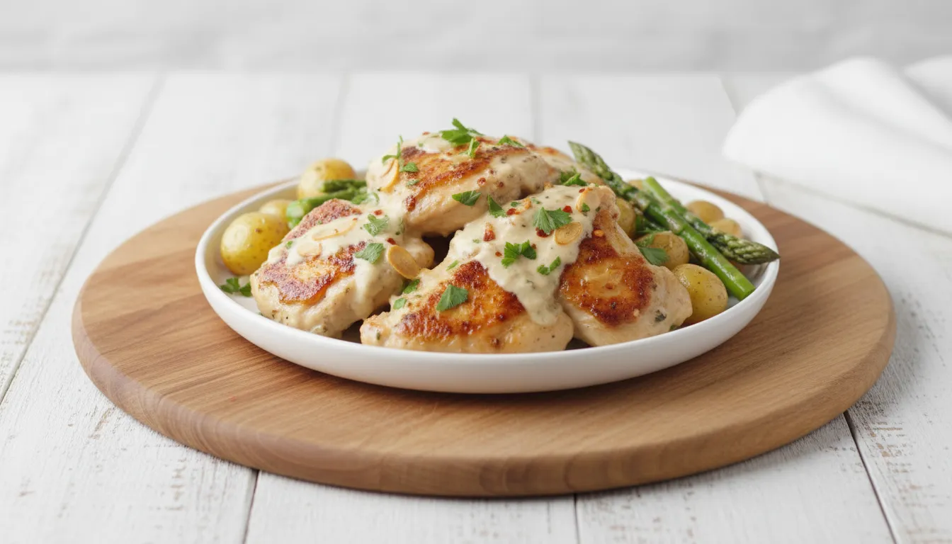 Golden brown chicken breasts in a creamy garlic sauce garnished with fresh parsley in a cast iron skillet.
