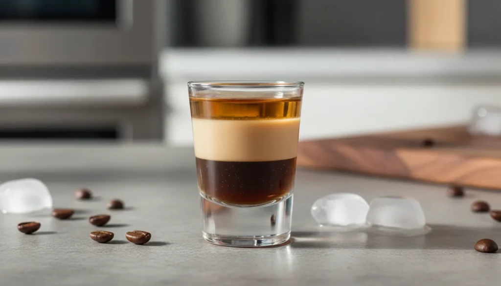 Layered Duck Fart shot showing distinct layers of coffee liqueur, Irish cream, and whiskey in a shot glass.