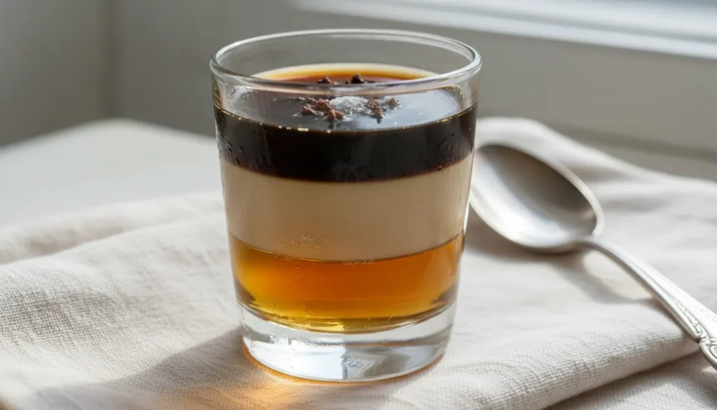 Close-up detail of the perfectly separated layers in a Duck Fart shot using the back-of-spoon layering technique.