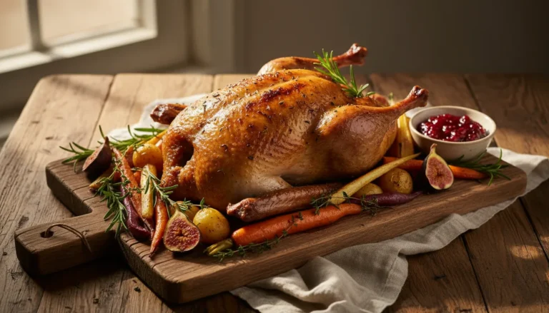 Golden brown whole roast duck on a platter with garnish, an easy oven-baked Sunday roast duck recipe.