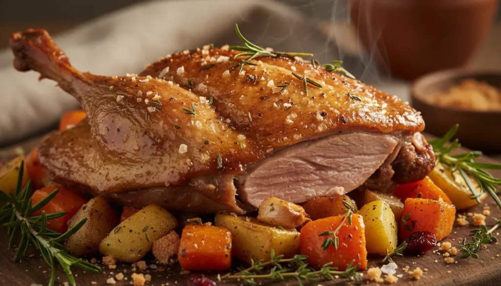 Close-up of sliced oven-roasted duck breast with crispy skin and herbs for an easy Sunday dinner.