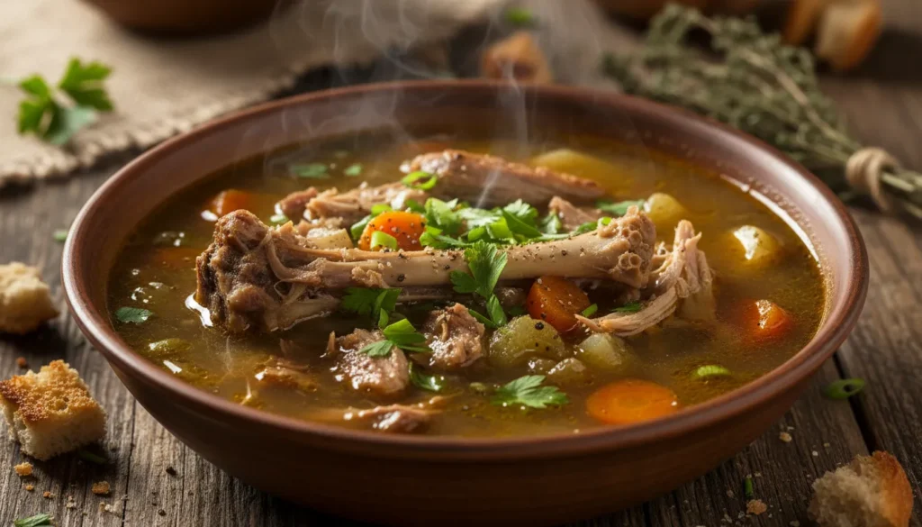Hearty bowl of duck soup garnished with herbs, showcasing a recipe for using a leftover roasted duck carcass.