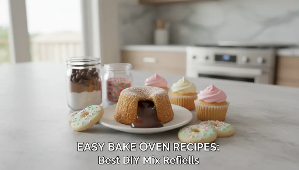 Assorted colorful mini cakes and treats made using homemade DIY Easy Bake Oven mix refill recipes.