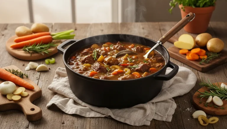 A steaming bowl of easy beef stew with carrots and potatoes on the stove, a classic comfort food dinner.