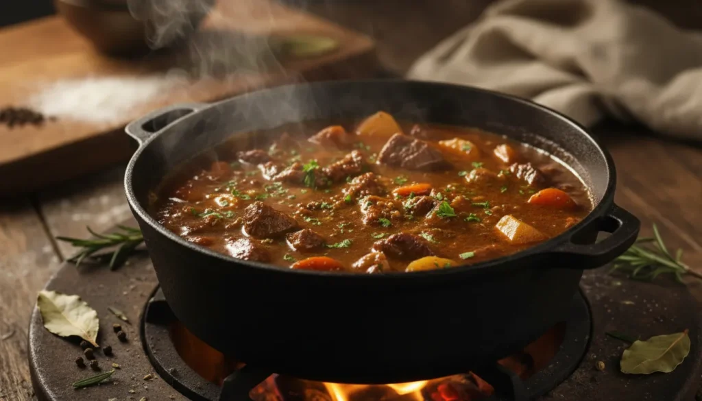 Close-up of tender beef chunks and thick gravy in an easy stovetop beef stew, highlighting rich textures.