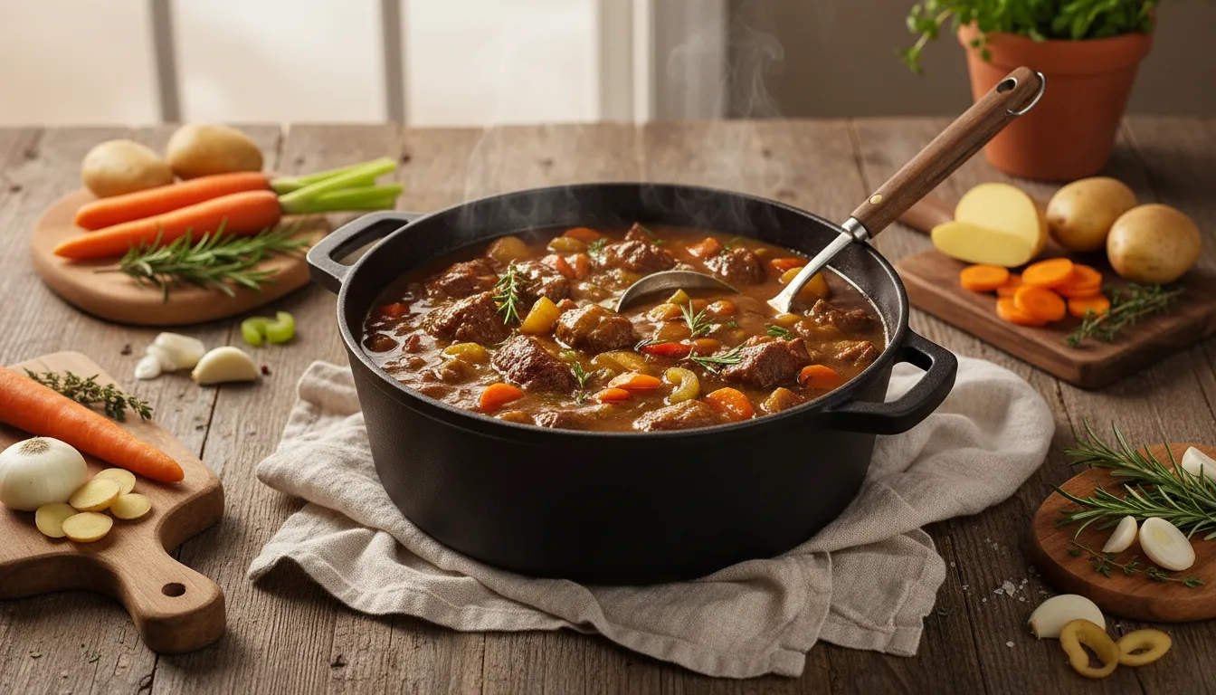 A steaming bowl of easy beef stew with carrots and potatoes on the stove, a classic comfort food dinner.