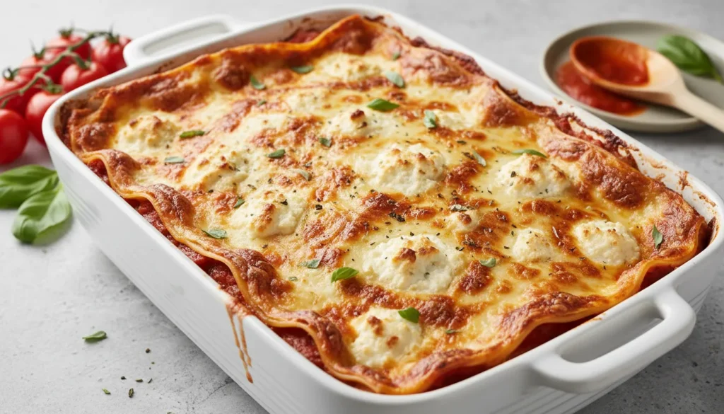 Easy Lasagna Recipe with Cottage Cheese How to Layer It Close-up cross-section of lasagna layers showing rich meat sauce, pasta sheets, and creamy cottage cheese filling.