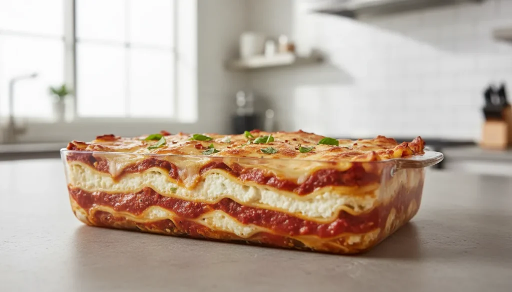 A bubbling pan of easy lasagna with melted mozzarella and cottage cheese layers, garnished with fresh parsley.