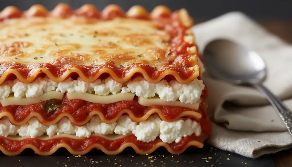 Close-up cross-section of lasagna layers showing rich meat sauce, pasta sheets, and creamy cottage cheese filling.