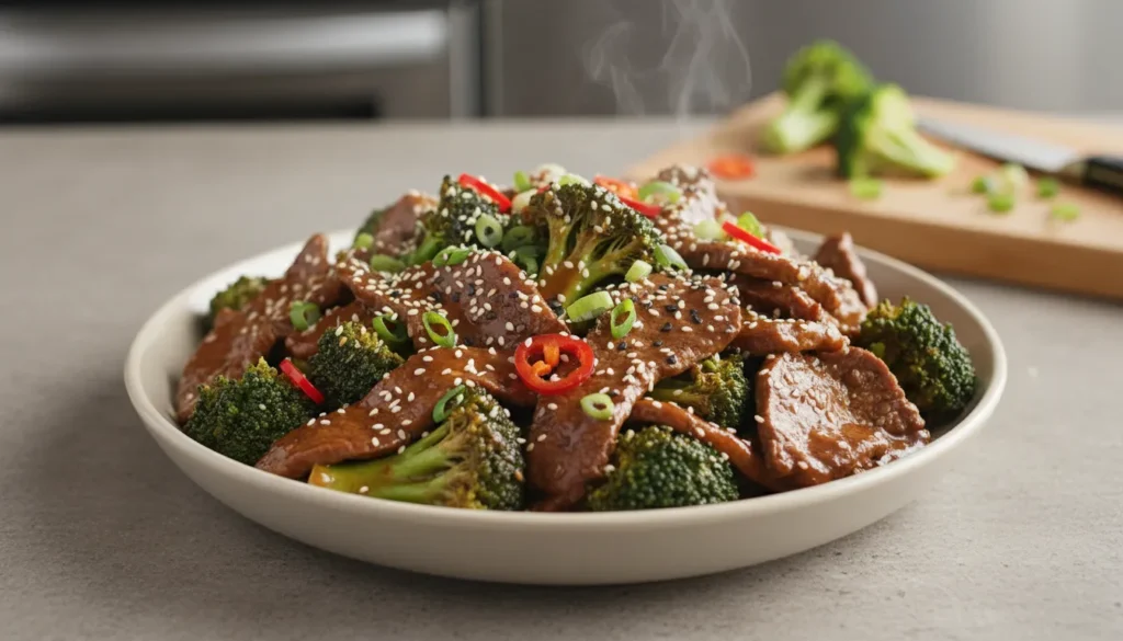 Easy beef and broccoli stir fry served over white rice in a bowl, a delicious 20-minute meal for dinner.
