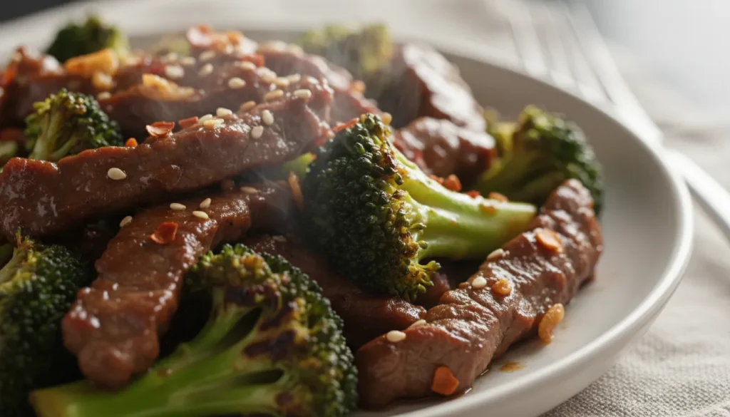 Close-up of tender beef strips and fresh broccoli florets coated in a glossy, savory stir-fry sauce.