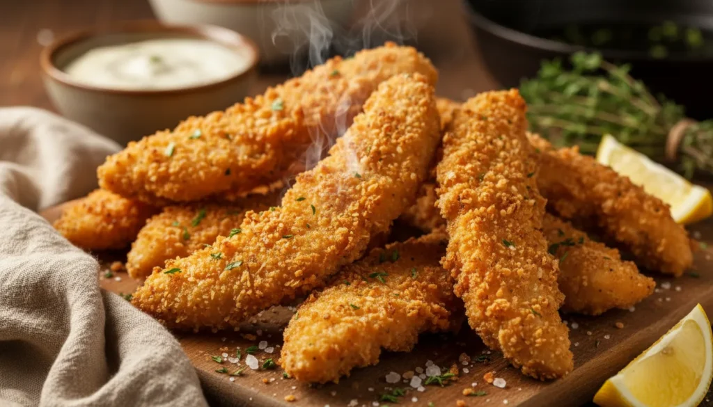 Close-up detail of the crunchy breading on a golden crispy baked chicken strip, showing texture and seasoning.