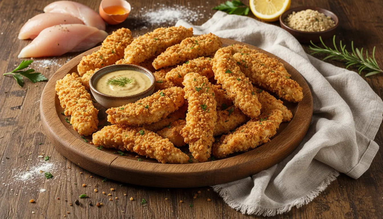 Golden brown crispy baked chicken strips on a platter with dipping sauce for an easy chicken tenders recipe.
