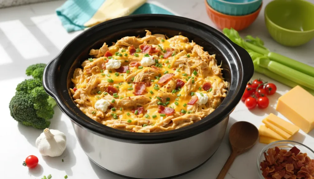 Creamy slow cooker crack chicken topped with melted cheddar cheese and crispy bacon bits served in a bowl.