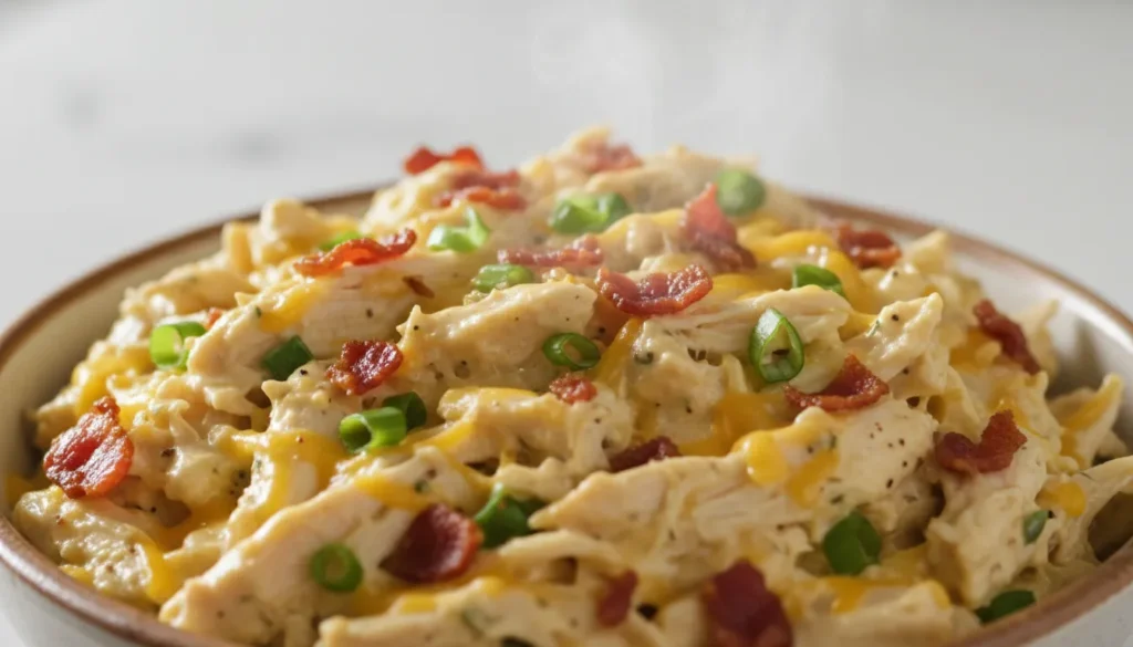 Close-up of shredded crack chicken with creamy ranch sauce, melted cheese, and sliced green onions.