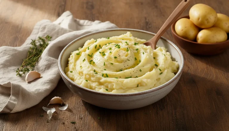 Bowl of creamy fluffy mashed potatoes topped with melting butter and fresh chives, a perfect easy side dish.