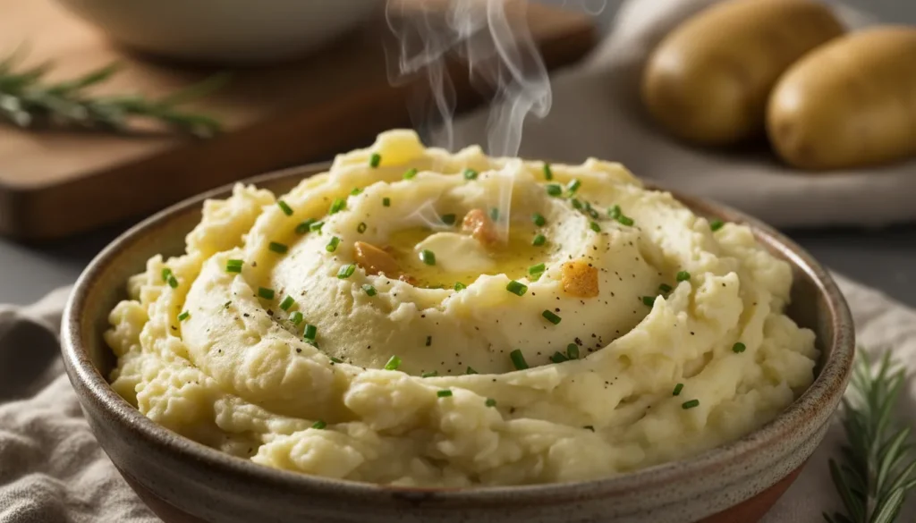Close-up detail of smooth and creamy mashed potatoes being scooped with a spoon, showing the fluffy texture.
