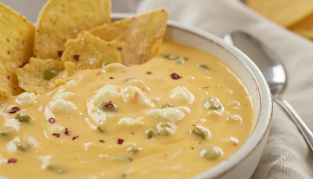 A ceramic bowl filled with creamy easy queso recipe dip topped with fresh cilantro and sliced jalapeños.
