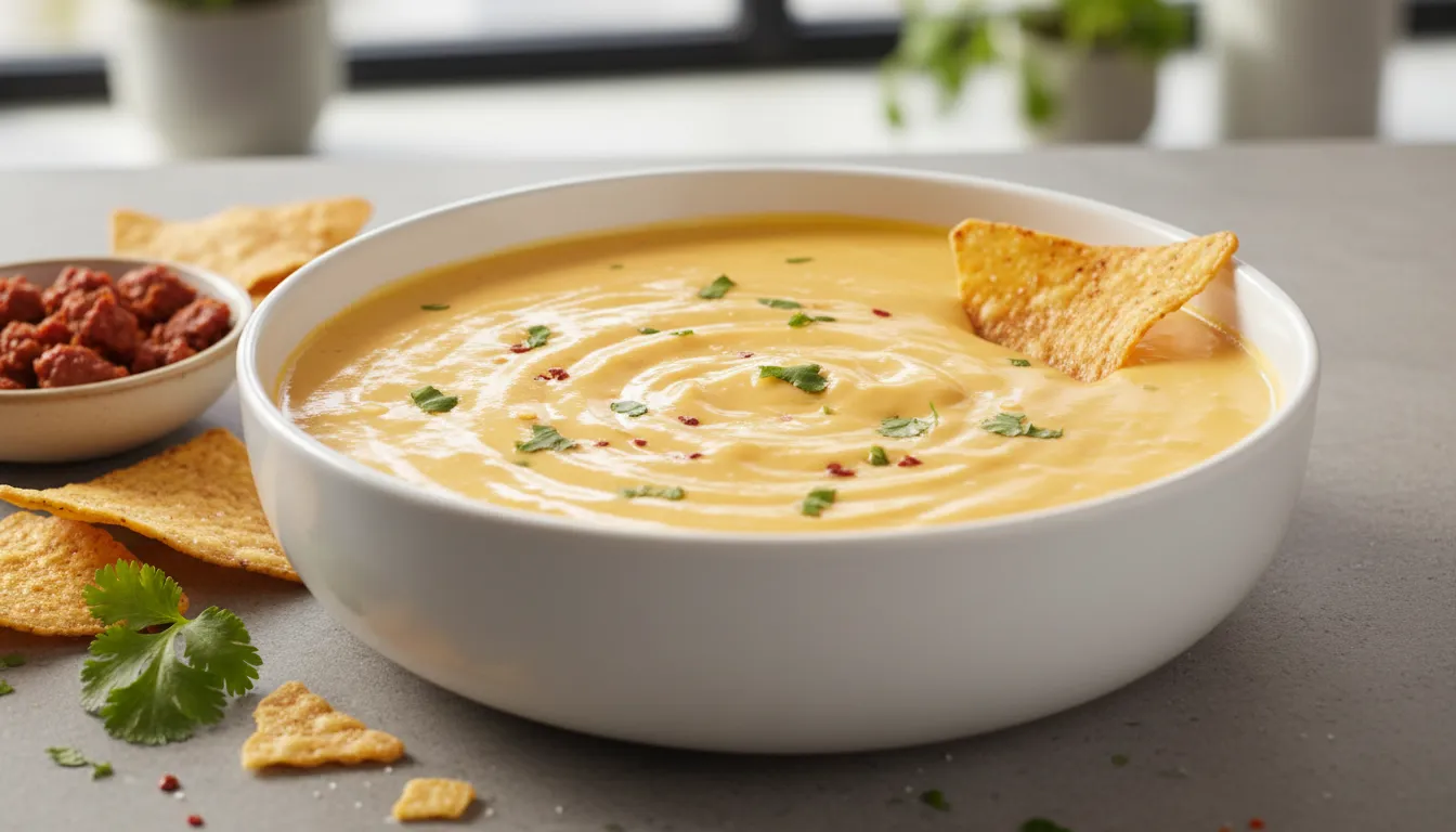 Close-up shot of a crunchy tortilla chip dipping into a bowl of the best 3 ingredient cheese dip.