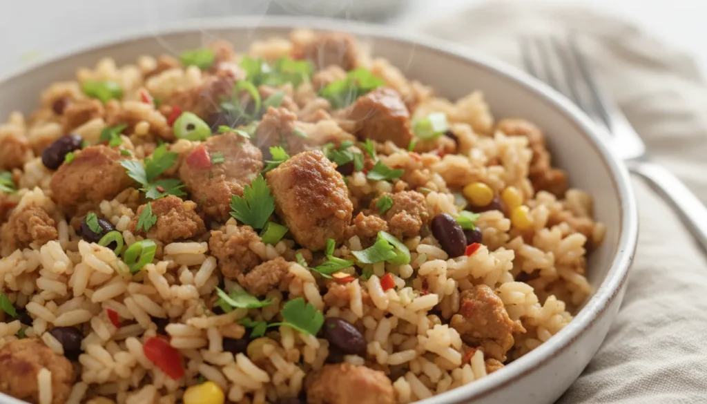 Close-up of savory ground turkey sautéed with garlic and onions, served over a bed of jasmine rice.