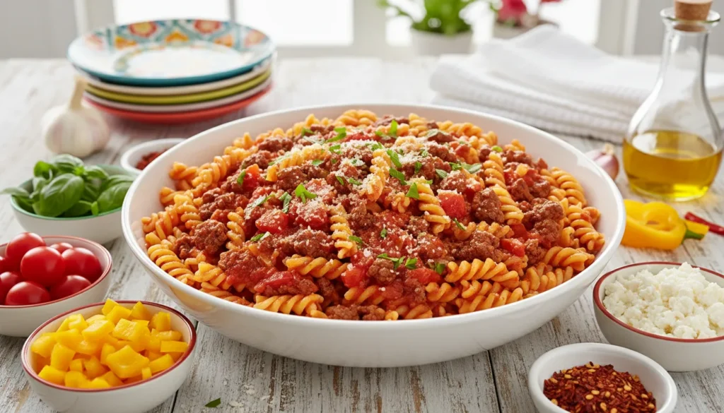 Hearty ground beef pasta with melted cheese and fresh parsley in a skillet, one of five easy weeknight dinner recipes.