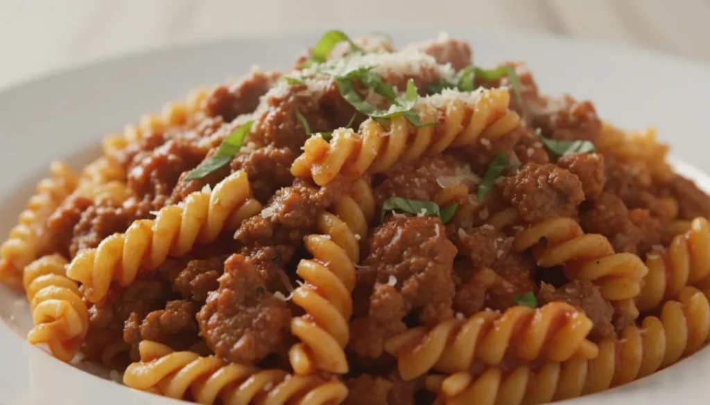 Close-up of ground beef pasta shells in a rich tomato sauce topped with melted parmesan cheese.