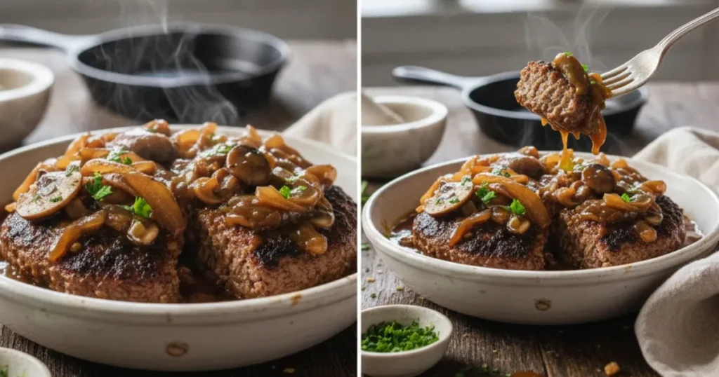 What to serve? This hamburger steak recipe pairs perfectly with mashed potatoes and green beans for a hearty dinner.4 Discover the full menu.