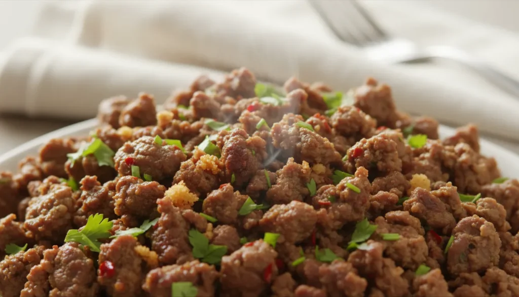 Close-up of a fork breaking into a moist ground turkey patty, showing the juicy texture and savory herbs.